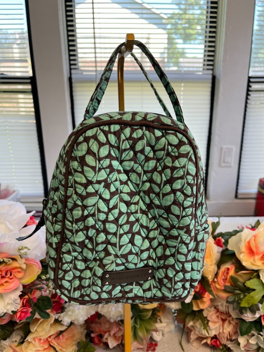 Vera Bradley Quilted Insulated Lunch Bag Mint Green Brown Leaf Print
